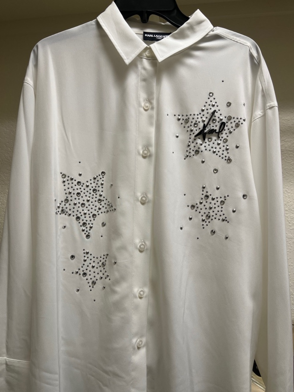 Karl Lagerfeld White Button-Down Shirt with Crystal Star Accents